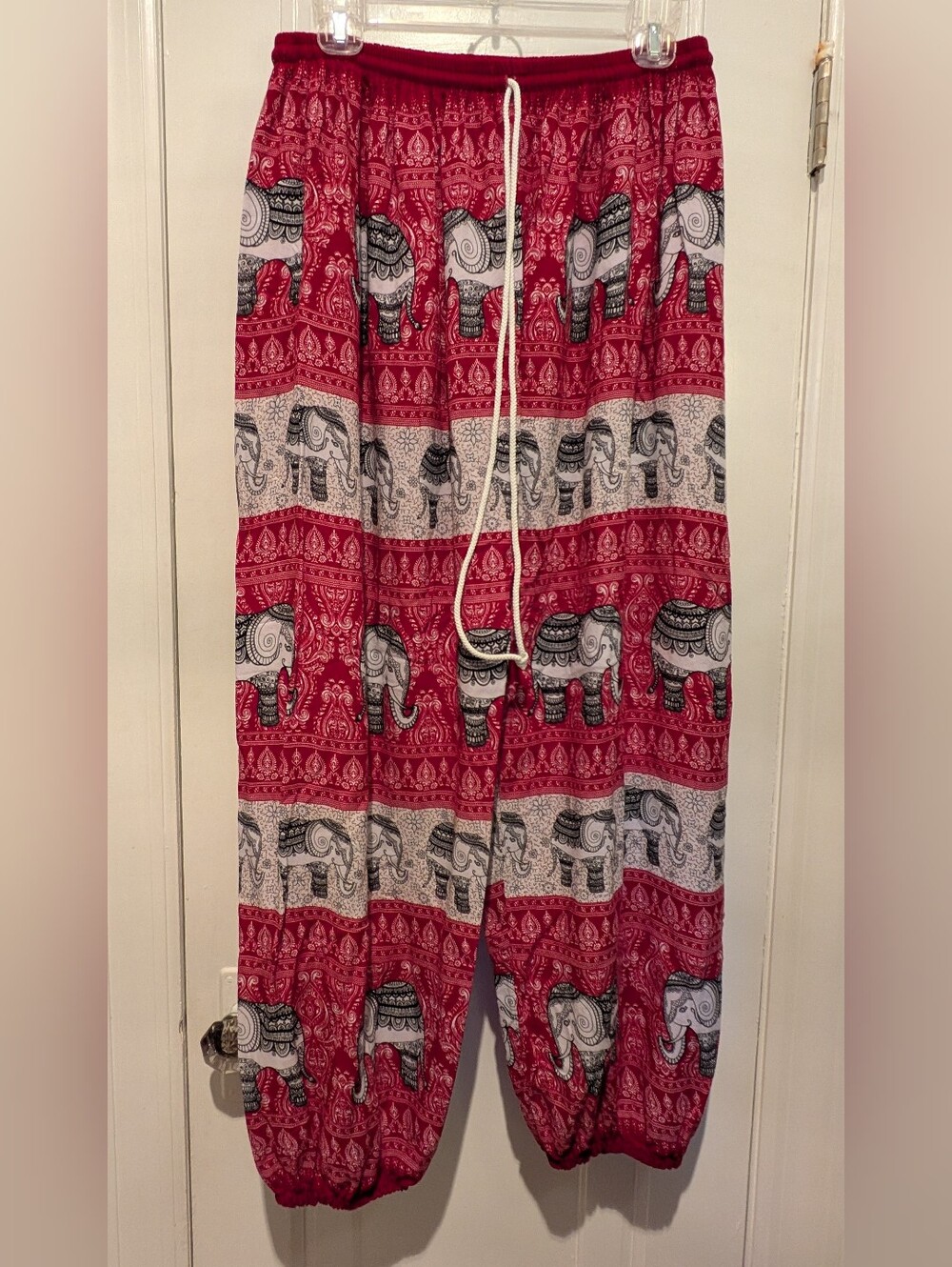 Women's Red Elephant Print Wide-Leg Boho Harem Pants